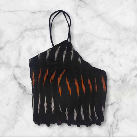 it is a black ikkat blouse with pad