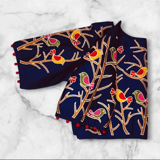 Bird Motif Machine Embroidery Princess Cut Blouse Blouse, Party Wear Blouse, Free Size Blouse, Shop image