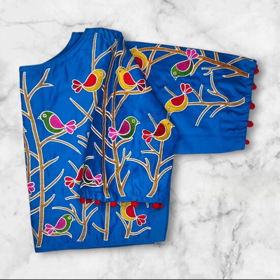 Bird Motif Machine Embroidery Princess Cut Blouse Blouse, Party Wear Blouse, Free Size Blouse, Shop image