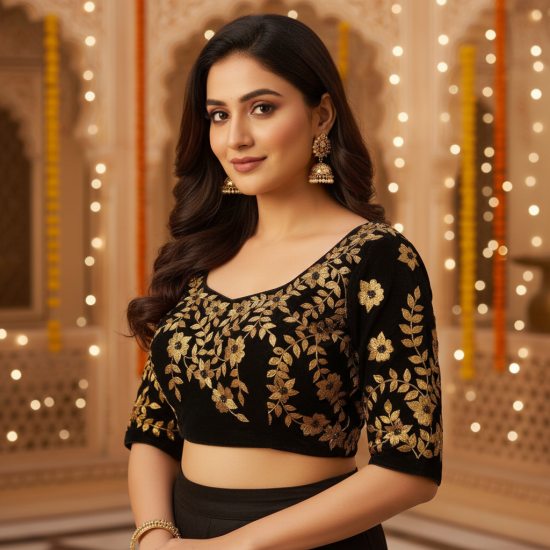 Embroidery Velvet Blouse Designs With Stone Work image