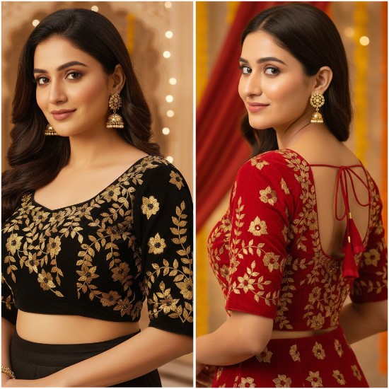 Embroidery Velvet Blouse Designs With Stone Work image