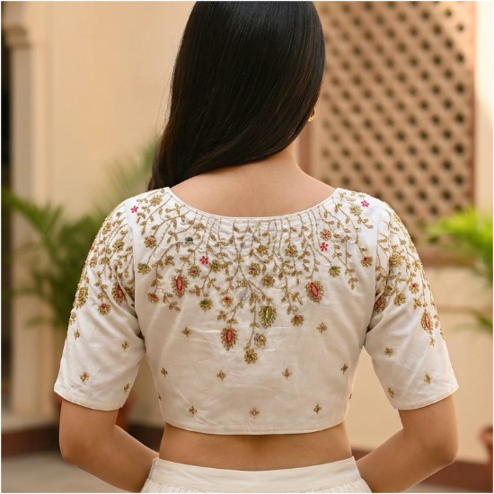 Satin Embroidery Blouse Back Neck Designs image