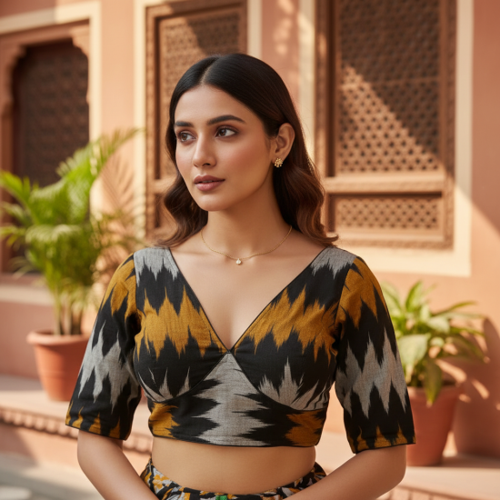 Showing image for Glass Sleeves Padded Ikkat Blouse Designs Glass Sleeves Padded Ikkat Blouse Designs Blouse, Printed Cotton Blouse, Free Size Blouse, Shop image